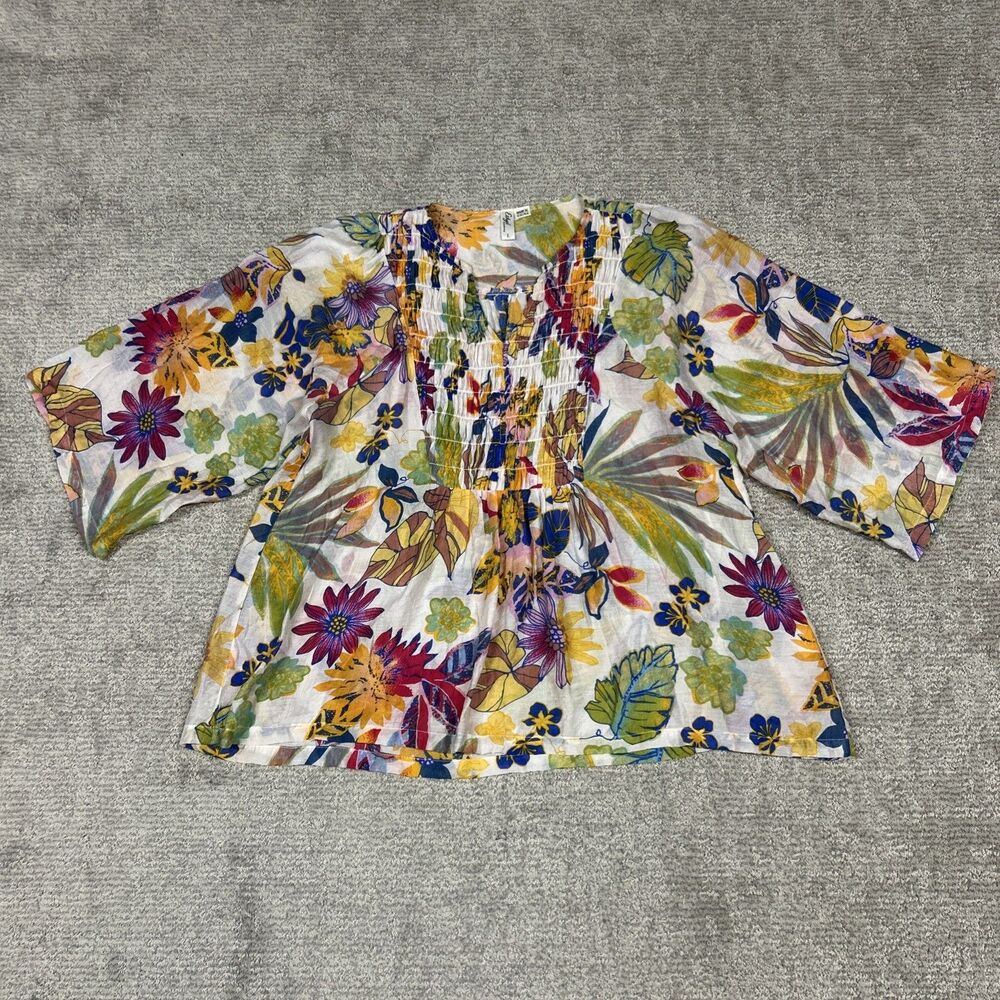 Ethyl Clothing Floral Blouse Womens Large Smocked Shirt Sheer Boho Chic Top